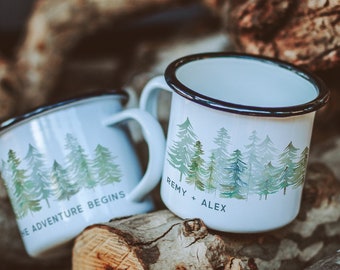 Personalized Enamel Camp Mug, Rustic Forest Pine Tree Gift