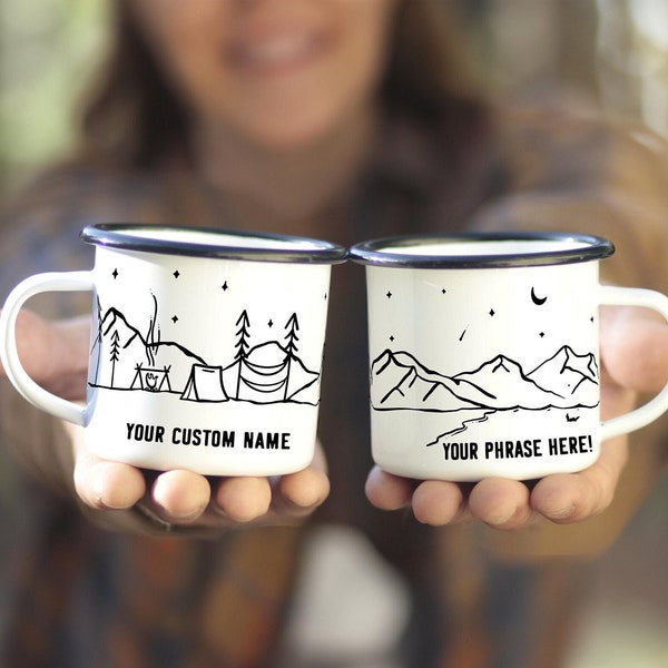 Camp Mug Personalized, Camping Mountain Camp Mug 11oz Camper Hiker Van Lake Coffee Cup - unique Custom enamel engagement gift for couple, 1x