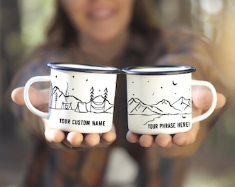 Camp Mug Personalized, Camping Mountain Camp Mug 11oz Camper Hiker Van Lake Coffee Cup - unique Custom enamel engagement gift for couple, 1x