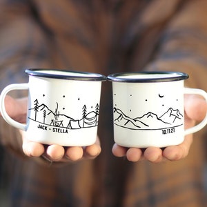 Custom Wedding Favor Gift Personalized Camp Mug Mountain, Couples Engagement Anniversary Gift, Bulk Unique Rustic Coffee Cup 11oz