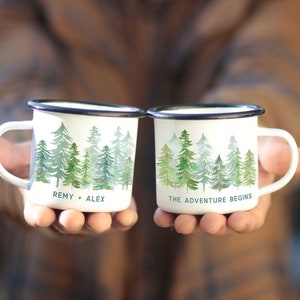 Engagement Gifts Wedding Custom mug, Personalized 11oz Forest Camping Rustic Mountain, winter holiday Pine Tree fall Coffee/beer cup (1)