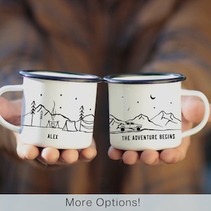 Camp Mug Personalized Name Customizable Gift, 4 Options! 1 Custom Mug Rustic Mountain Camping cup, unique campfire mugs for couple bf - 11oz