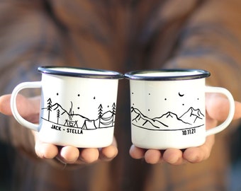 Personalized Campfire Mug, Rustic Mountain Scene, Wedding Favor Gift