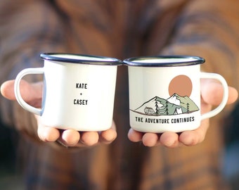 Wedding Gift Unique Engagement Camping Mug Custom Personalized, Fun Unique couple Mountain gift 1 cup outdoorsy newly engaged last name 11oz