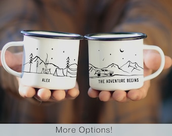 Camp Mug Personalized Name Customizable Gift, 4 Options! 1 Custom Mug Rustic Mountain Camping cup, unique campfire mugs for couple bf - 11oz