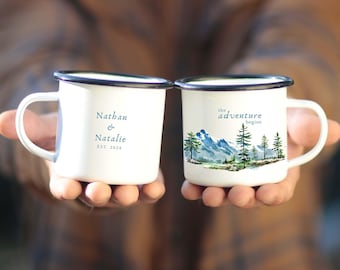 Engagement Gifts Mug, Engagement gift for couples, Wedding Gift Custom unique Engaged Camping Mountain Gifts Fiance bride to be Enamel 11oz