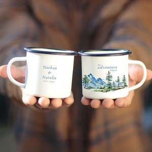 Engagement Gifts Mug, Engagement gift for couples, Wedding Gift Custom unique Engaged Camping Mountain Gifts Fiance bride to be Enamel 11oz