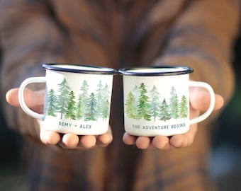 Engagement Gifts Wedding Custom mug, Personalized 11oz Forest Camping Rustic Mountain, winter holiday Pine Tree fall Coffee/beer cup (1)