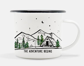 Personalized Christmas Camp Mug: Cabin, Skier, Forest Scene