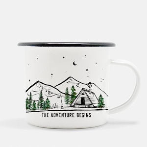 Personalized Gift Christmas Mug, Holiday Cabin Ski Lift Snowboard Unique Steel Camping Cup, Mountain Skier Winter vacation w Forest - 11oz