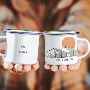 wedding gifts, engagement gifts, custom camp mug thats personalizable