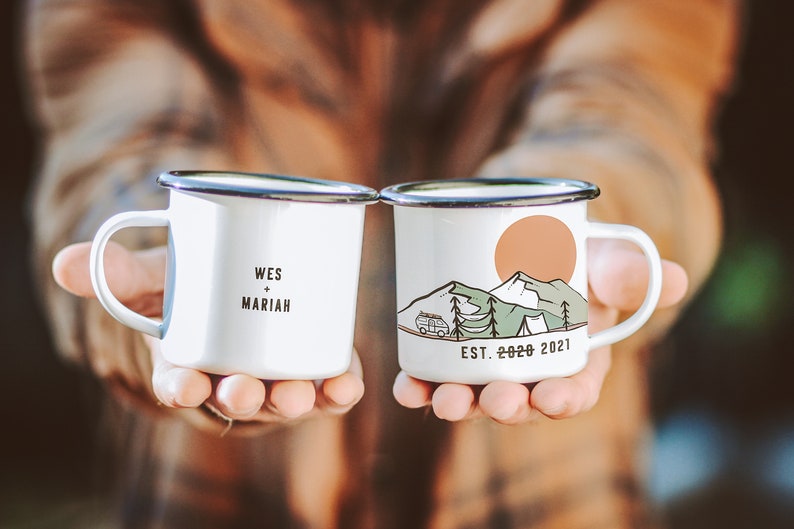 wedding gifts, engagement gifts, custom camp mug thats personalizable