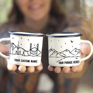 Camp Mug Personalized, Custom Couple Mountain Camping Mug 11oz Camper Hiker Van Lake Coffee Cup unique tin anniversary engagement gift 1x