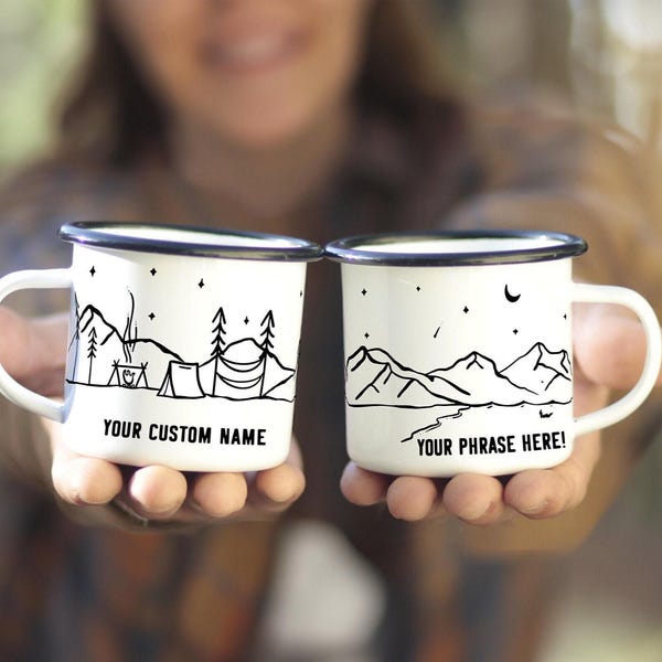 Camp Mug Personalized, Custom Couple Mountain Camping Mug 11oz Camper Hiker Van Lake Coffee Cup unique tin anniversary engagement gift 1x