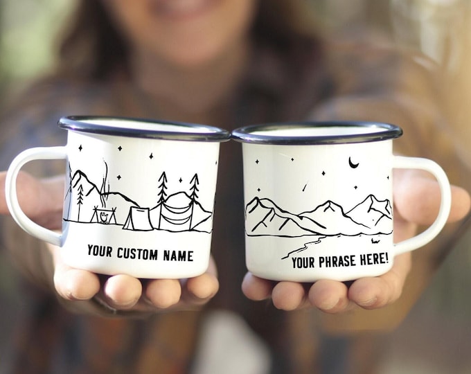 Camp Mug Personalized, Custom Couple Mountain Camping Mug 11oz Camper Hiker Van Lake Coffee Cup unique tin anniversary engagement gift 1x