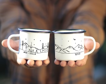 Personalized Camp Mug: Rustic Mountain Wedding Favor, Custom Steel Cup
