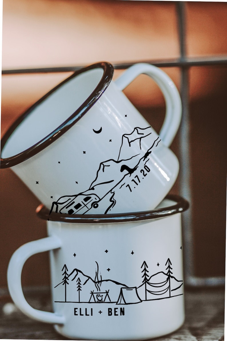 Camp Mug Personalized, Camping Mountain Camp Mug 11oz Camper Hiker Van Lake Coffee Cup unique Custom enamel engagement gift for couple, 1x Option 3 - Lochness