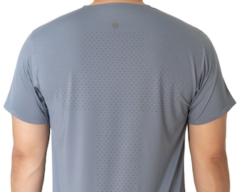 Blue Perforated Athletic T-Shirt | Breathable, Reflective Techwear | FLOW_T_1.0