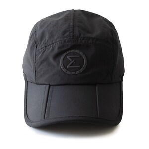 black cap hat travel hiking commuting running walking techwear gorpcore streetwear water resistant dwr stretchy versal concepts  front reflective breathable buckle adjustable soft foldable