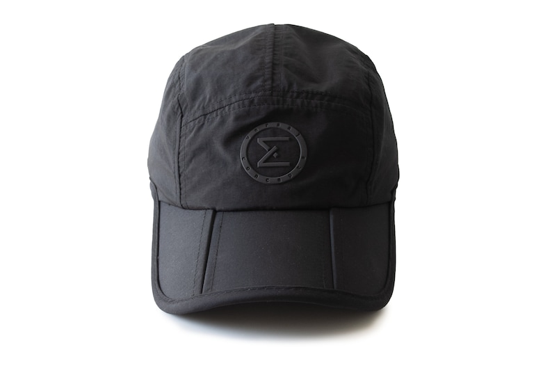 black cap hat travel hiking commuting running walking techwear gorpcore streetwear water resistant dwr stretchy versal concepts  front reflective breathable buckle adjustable soft foldable