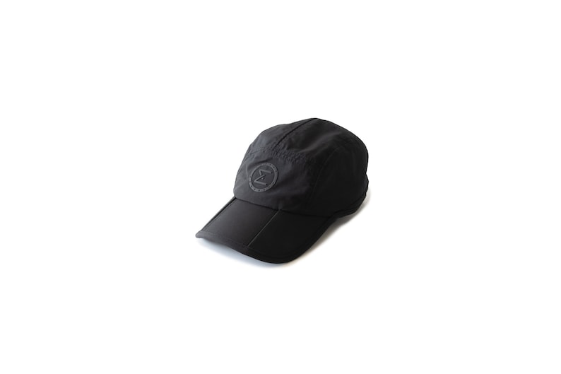 black cap hat travel hiking commuting running walking techwear gorpcore streetwear water resistant dwr stretchy versal concepts  front quarter reflective breathable buckle adjustable soft foldable