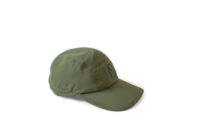 army green cap hat travel hiking commuting running walking techwear gorpcore streetwear water resistant dwr stretchy versal concepts  side reflective breathable buckle adjustable soft foldable