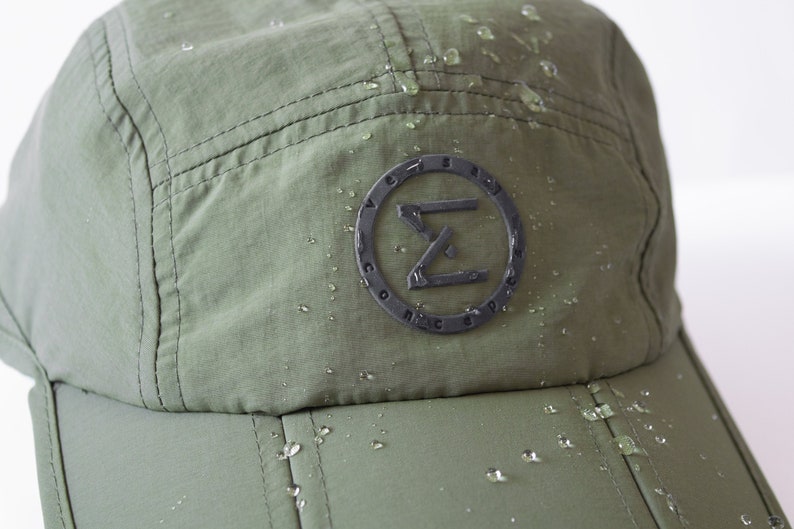 army green cap hat travel hiking commuting running walking techwear gorpcore streetwear water resistant dwr stretchy versal concepts  front reflective breathable buckle adjustable soft foldable