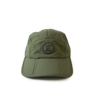 army green cap hat travel hiking commuting running walking techwear gorpcore streetwear water resistant dwr stretchy versal concepts  front reflective breathable buckle adjustable soft foldable