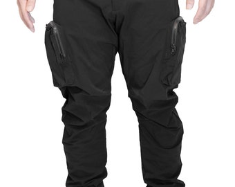 Black Cargo Pants Water Resistant Techwear Gorpcore Streetwear DWR Stretchy Reflective 5 Zipper Pocket Elastic Waist Belt Loop | C_PANTS_1.0
