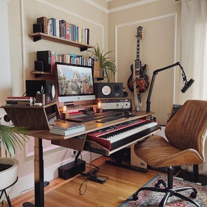 SIT/STAND Music Studio Desk | Height-Adjustable Keyboard Tray | Customizable Shelf/Racks | Cable Management Tray