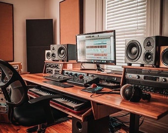 Fixed-Height MUSIC STUDIO DESK | A-Frame Steel Base| Keyboard Tray | Customizable Shelf / Rack Configuration | Cable Management Tray