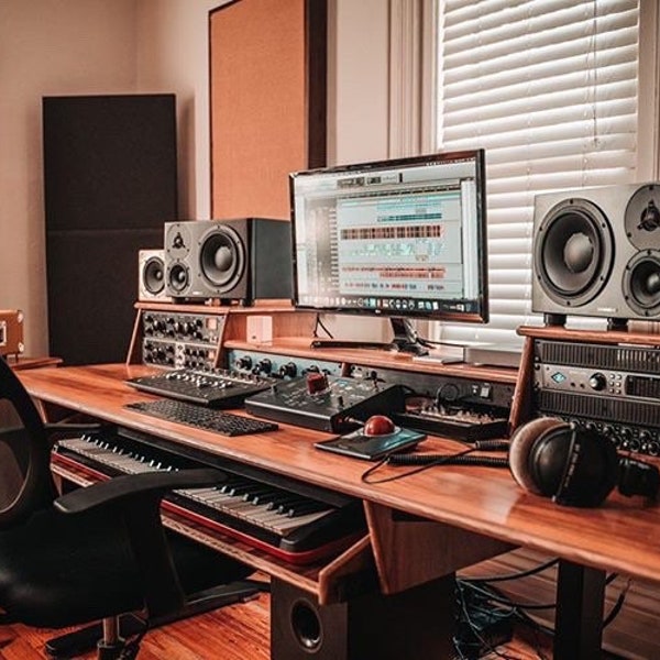 Fixed-Height MUSIC STUDIO DESK | A-Frame Steel Base| Keyboard Tray | Customizable Shelf / Rack Configuration | Cable Management Tray