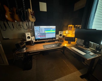 Sit-Stand L-Shaped Studio Corner Desk | 3-Leg iMovR Base | Recording Studio | Home Office