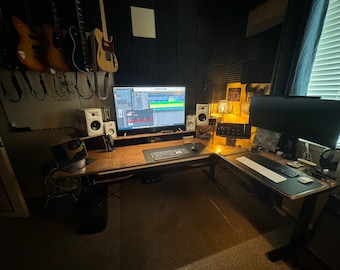 Sit-Stand L-Shaped Studio Corner Desk | 3-Leg iMovR Base | Recording Studio | Home Office