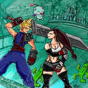 Pode incluir: Uma ilustração digital de dois personagens de um videogame. Os personagens estão em pé em uma plataforma com um fundo verde. O personagem à esquerda está segurando uma espada grande. O personagem à direita está segurando uma espada menor. Há uma pequena criatura de desenho animado branca no fundo.