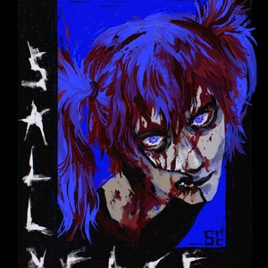 Puede incluir: Impresión de arte digital que presenta un retrato estilizado de una persona con coletas azules y manchas de sangre. El texto "SALLY FACE" está escrito en blanco sobre un fondo negro. La obra de arte tiene una estética oscura y atrevida.