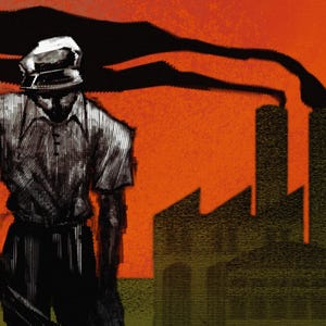 Puede incluir: Ilustración de una persona con sombrero y camisa, sosteniendo una herramienta, frente a una fábrica con chimeneas. El fondo es naranja y negro, con un estilo granulado y texturizado.