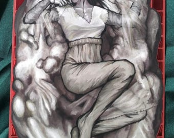 May include: Illustration of a pale figure with black hair and stitched facial features, reclining on a textured, gray form. The figure wears a white dress and is set against a red, grid-like background.