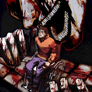 May include: Digital illustration of a person in a wheelchair, looking up in fear. The person is wearing an orange hoodie and purple pants. Large, monstrous hands and face loom over the person, with a dark background and a bloody tile floor.
