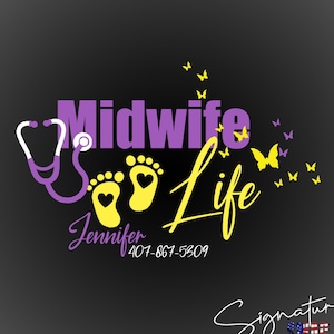 Personalizowana naklejka winylowa na samochód z napisem Midwife Life, dostępna w 9 kolorach