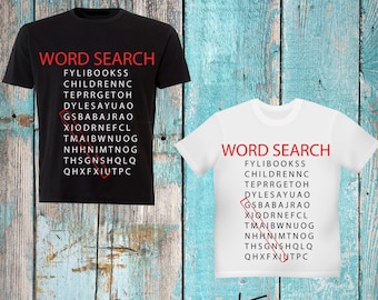 Personalized Black, White and Read all over Word Search Children's T-shirt, Available in Black or White Adult or Children's