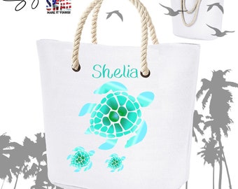 Personalized Sea Turtles Rope Beach Tote, Available in 3 Colors