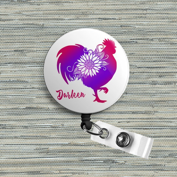 Personalized Rooster Chic Retractable Badge Reel, Belt or Alligator Clip Available
