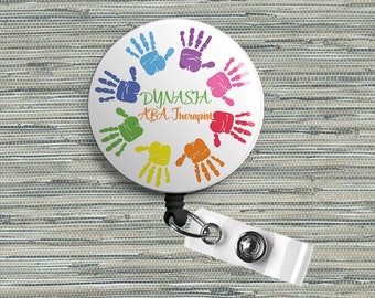 Personalized Hands on Approach ABA Therapist Retractable Badge Reel, Belt or Alligator Clip Available