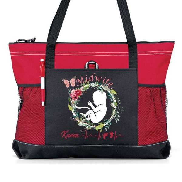 Personalized Midwife Floral Tote Bag, Available in 7 colors