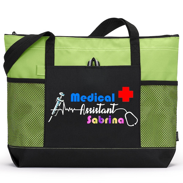 Personalized Medical Assistant Brights Tote Bag, Available in 7 colors.