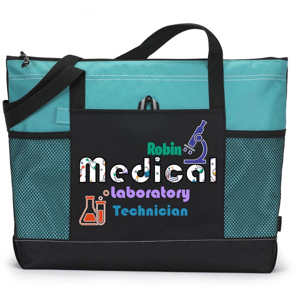 Personalized Under the Microscope Medical Laboratory Technician Tote Bag, Available in 7 colors.