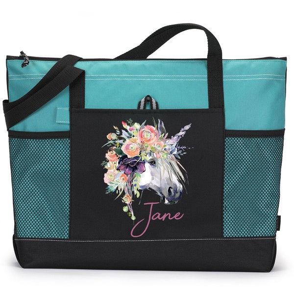 Personalized Floral Unicorn Tote Bag, Available in 7 colors