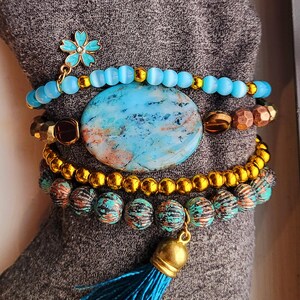 4-Piece Blue/Bronze Beaded Bracelet Set