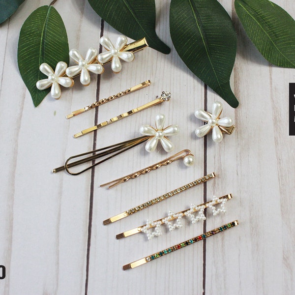 Set of 9 Pearl  Hair pins and clips ,Pearl  Hair pin set, Dainty hair clip, Hair barrette, Hair accessories, Mothers day gift